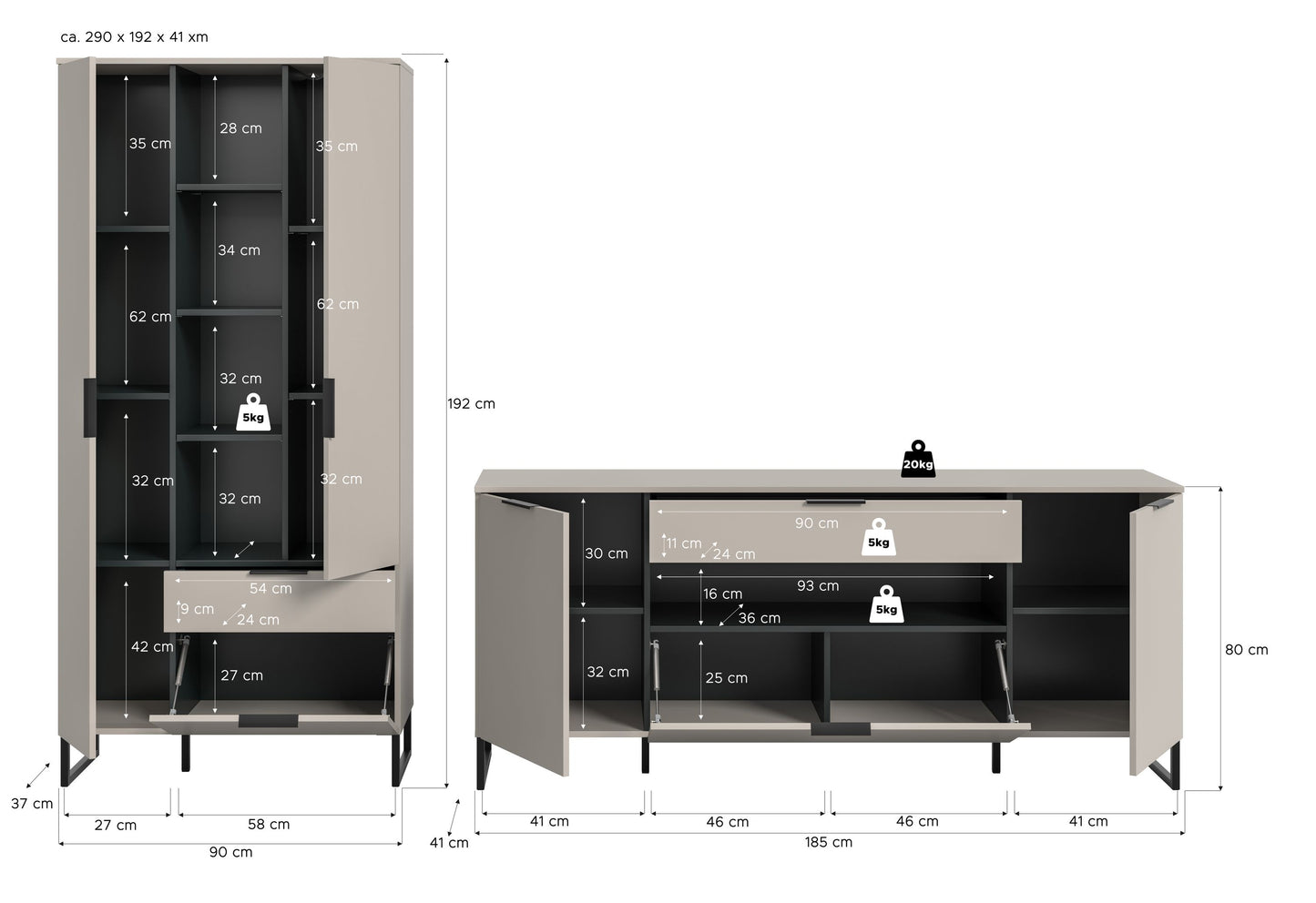 2-tlg. Wohnzimmerschrank-Set in Kaschmirfarben mit Maßangaben: hoher Schrank und Lowboard