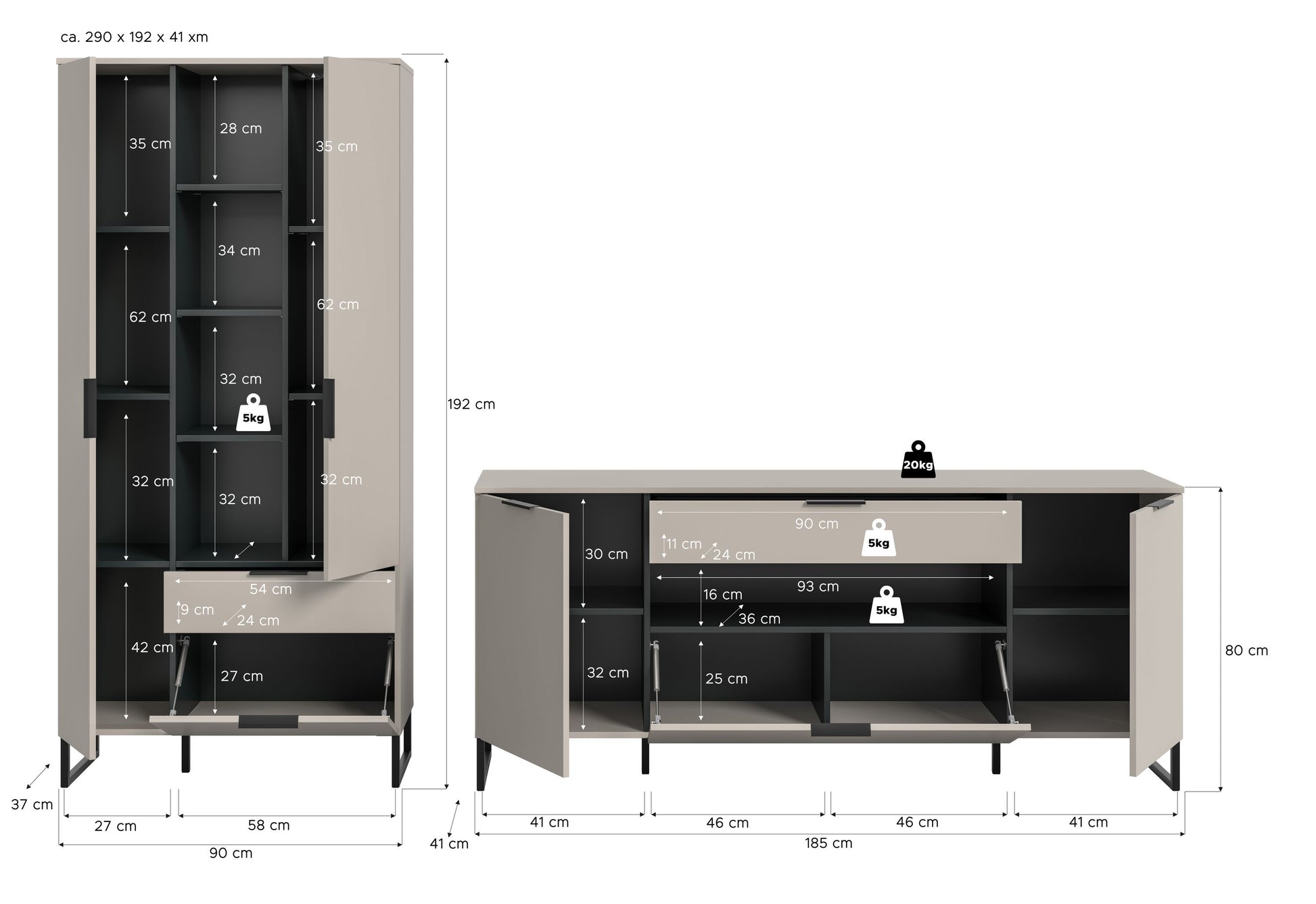 2-tlg. Wohnzimmerschrank-Set in Kaschmirfarben mit Maßangaben: hoher Schrank und Lowboard