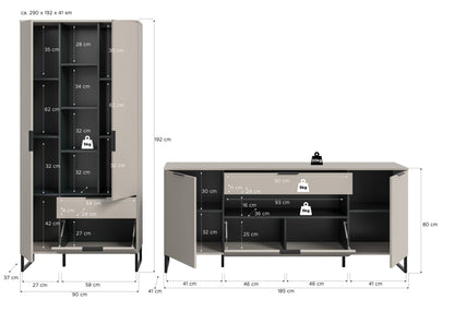 2-tlg. Wohnzimmerschrank-Set in Kaschmirfarben mit Maßangaben: hoher Schrank und Lowboard
