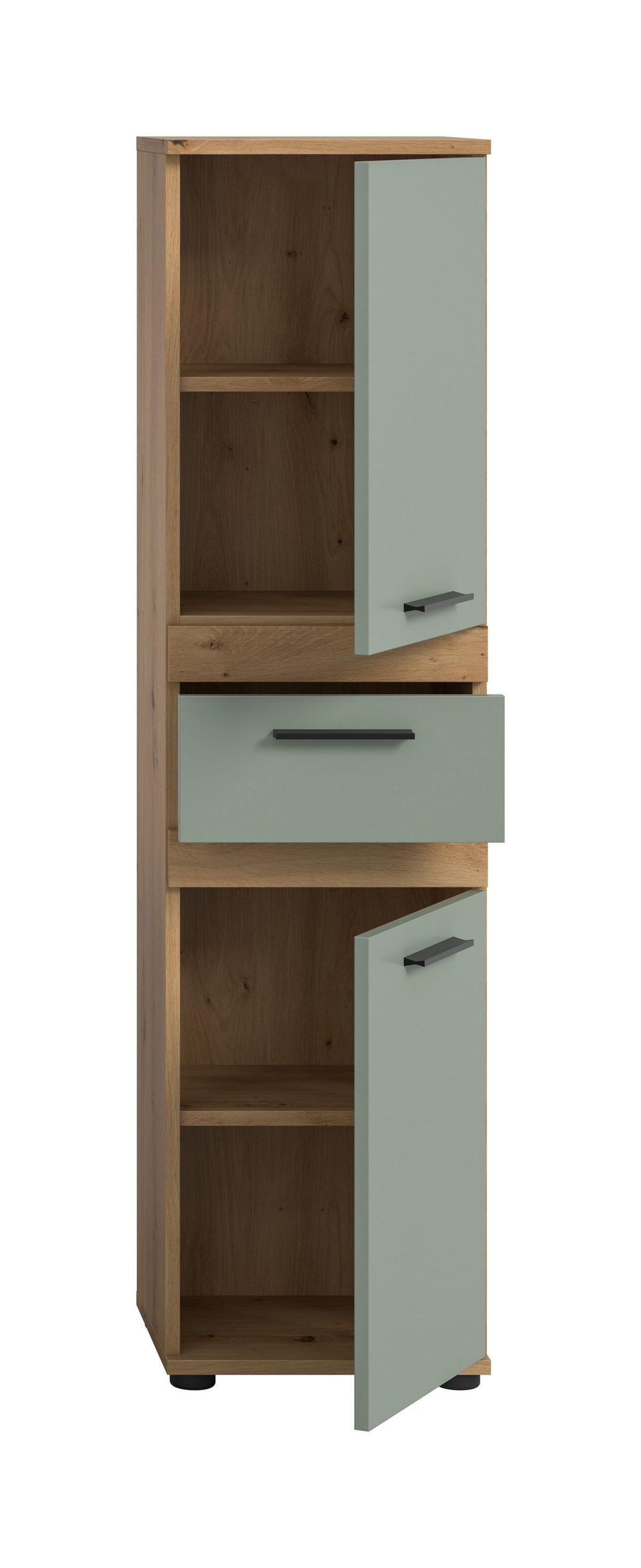 Badhochschrank mit offener Tür und zwei Einlegefächern, Schublade mit Griff, Holzoptik