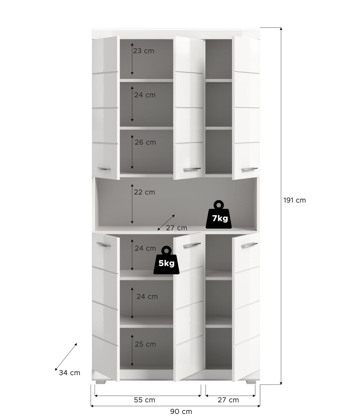 Scout Hochschrank breit  (B/H/T: 90x191x31 cm) in Weiß hochglanz und Weiß