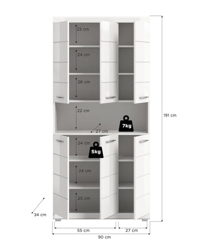 Scout Hochschrank breit  (B/H/T: 90x191x31 cm) in Weiß hochglanz und Weiß