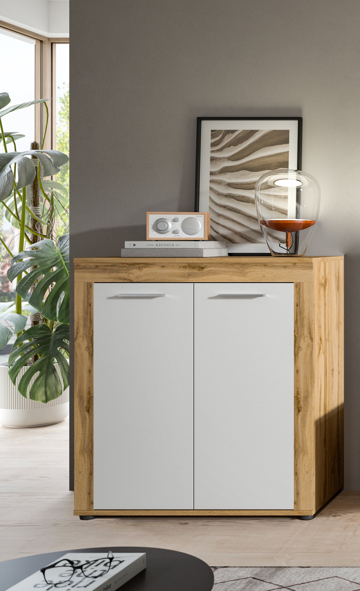 Highboard JAM (L/H/P : env. 80/88/35 cm) en imitation chêne Wotan/gris