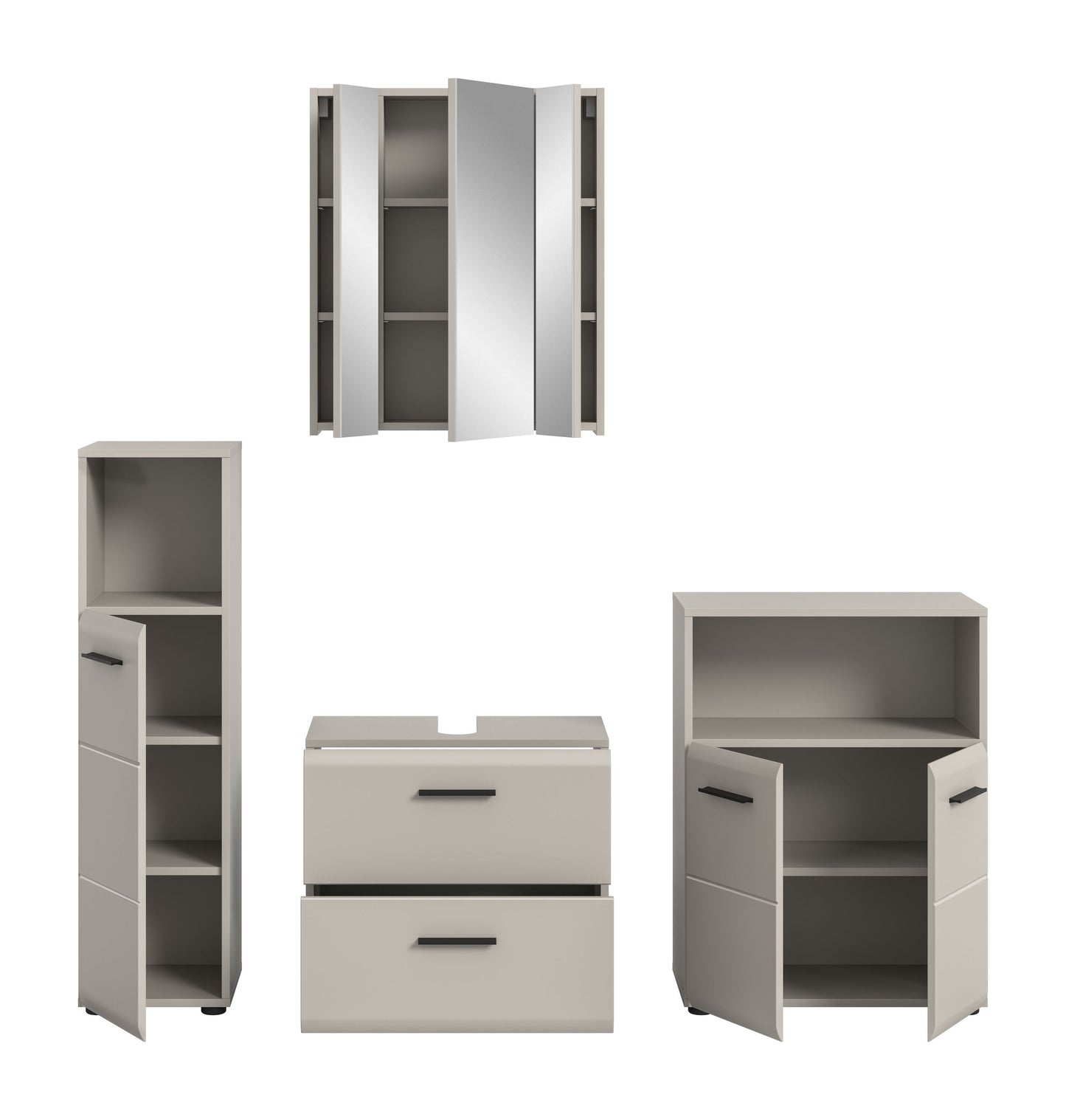 Badmöbel-Set 4-teilig mit Spiegelschrank, Hochschrank und Unterschrank in Grau und Weiß