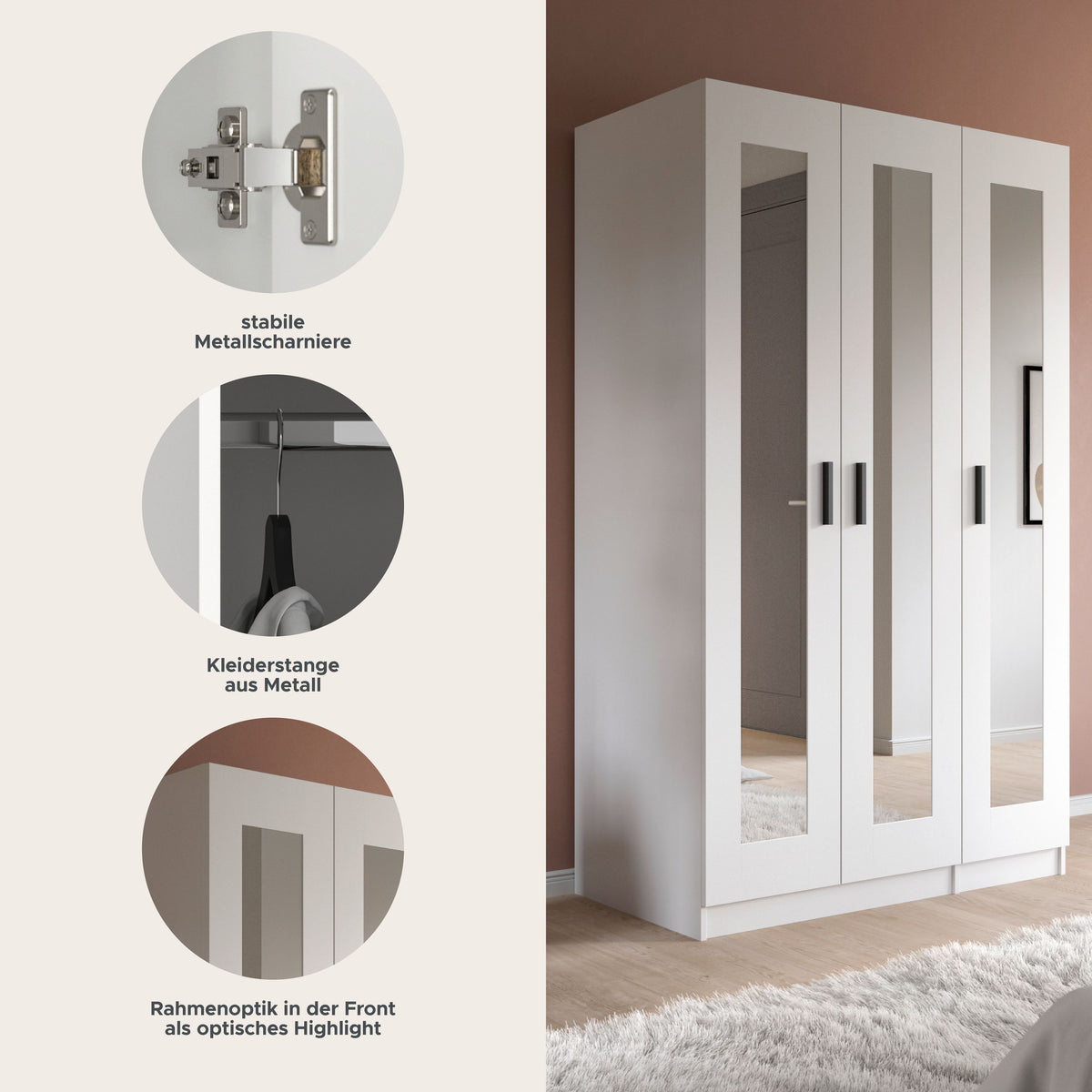 Wardrobe 3-door VISBY (W/H/D: approx. 120/195/56 cm) in white/white
