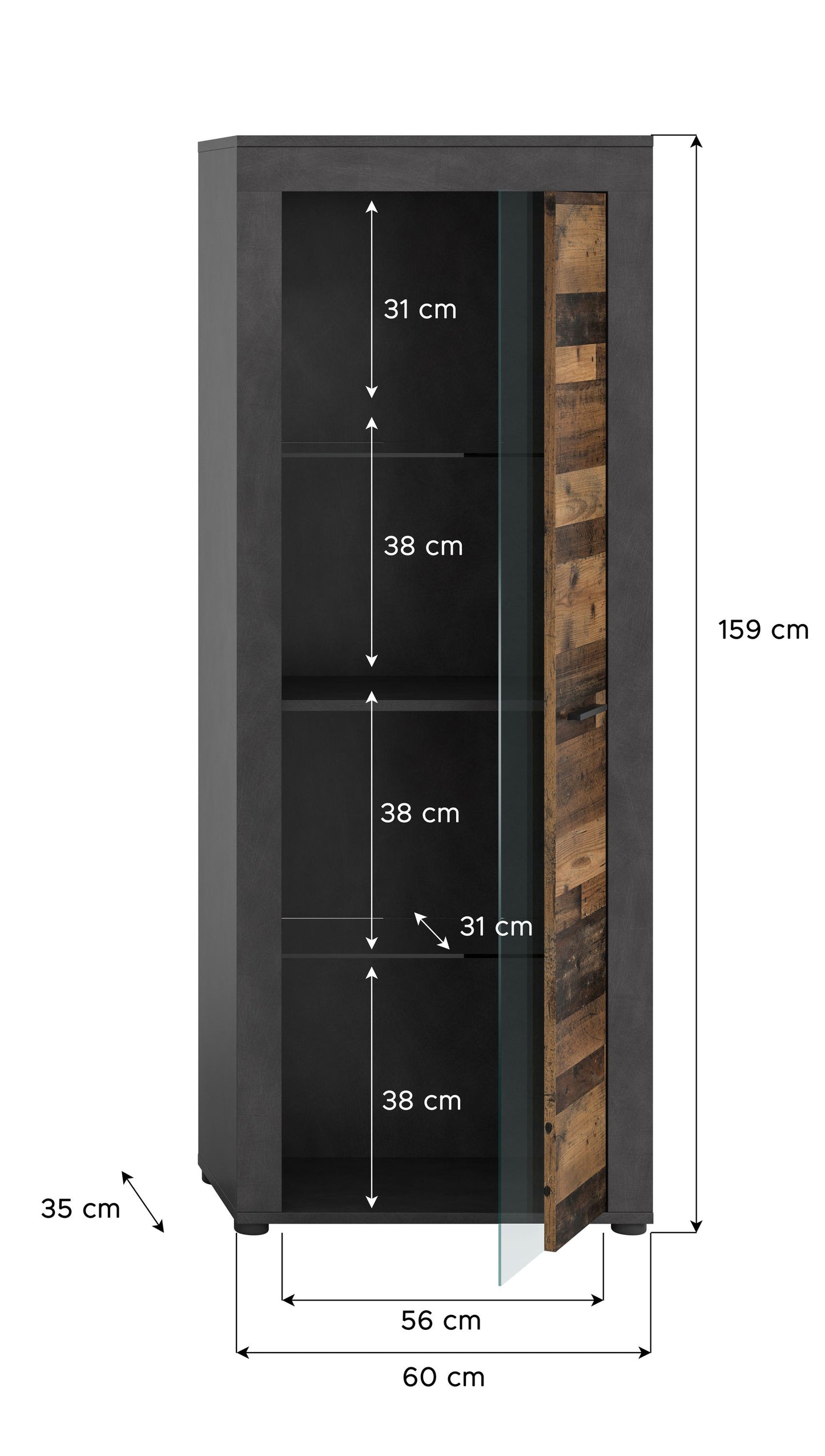 Homes & Jones Vitrinenschrank 60 cm breit, Wohnzimmerschrank, Wohnmöbel