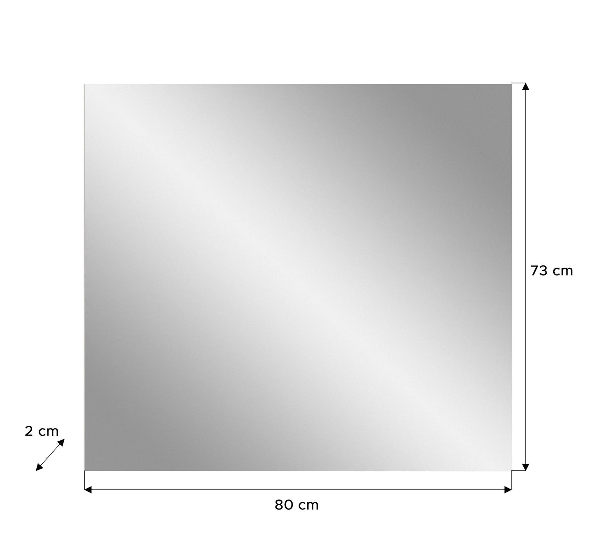 Spiegel mit Maßangaben, Frontmaß 80 cm Breite und 73 cm Höhe