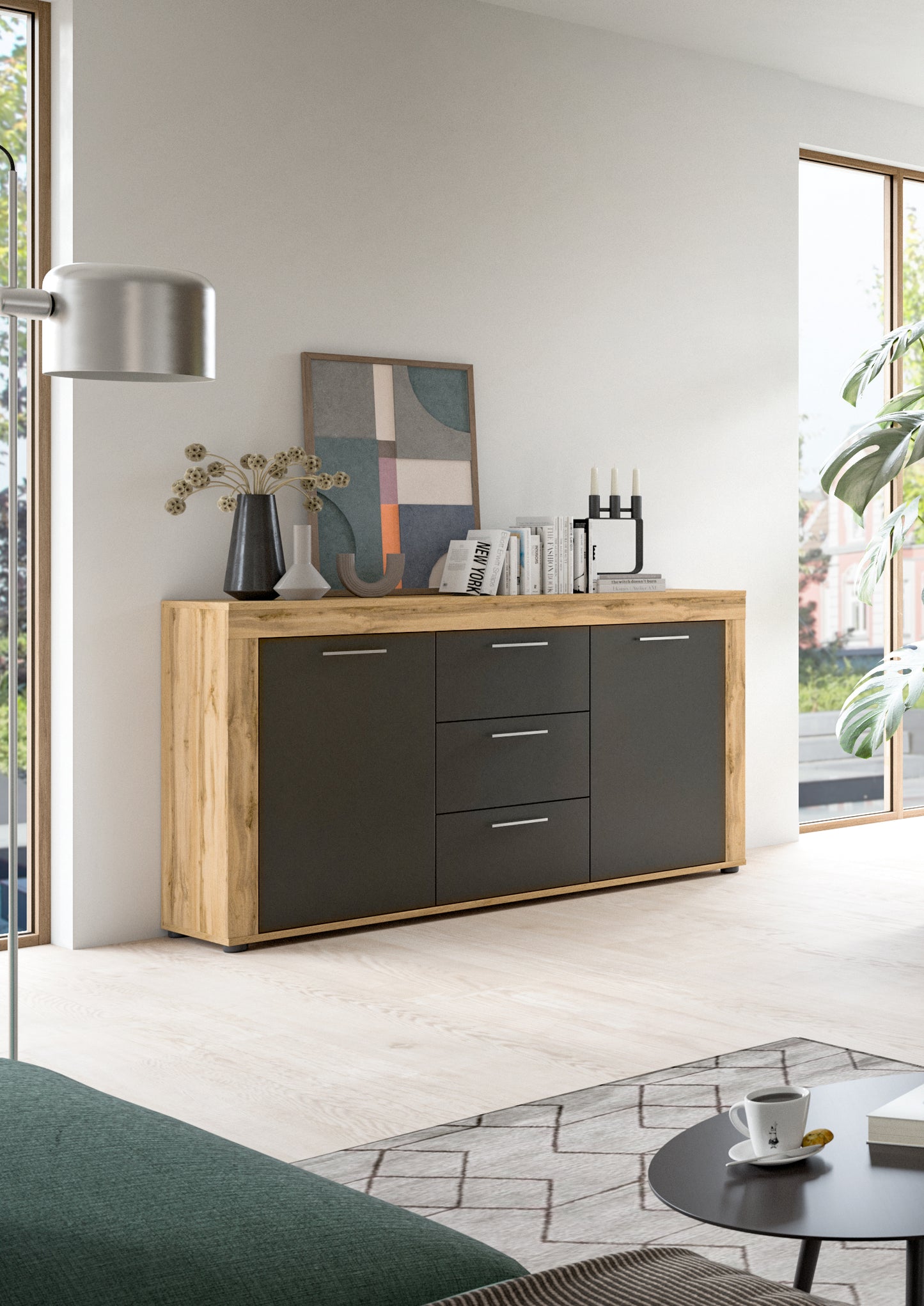 Homes & Jones Sideboard 125 cm breit mit 3 Schubladen, Mehrzweckschrank
