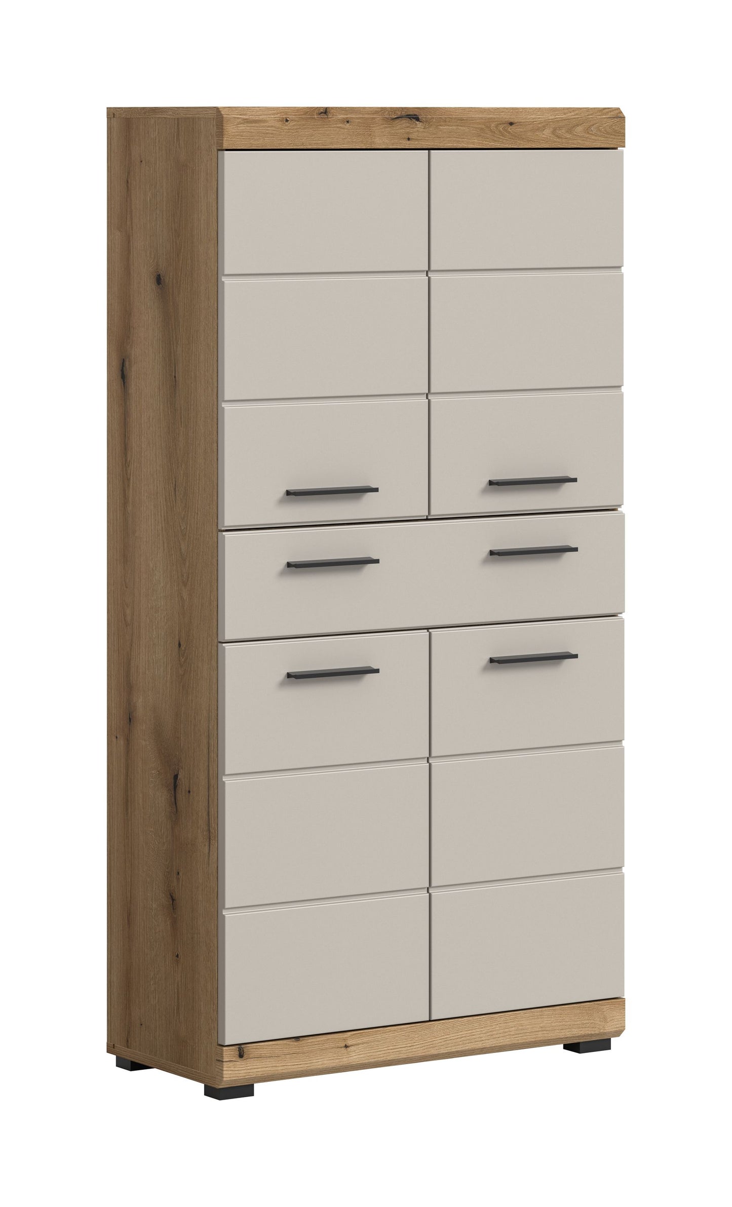 Badhochschrank mit Holzrahmen, weißen Türen und mehreren Schubladen mit Metallgriffleisten
