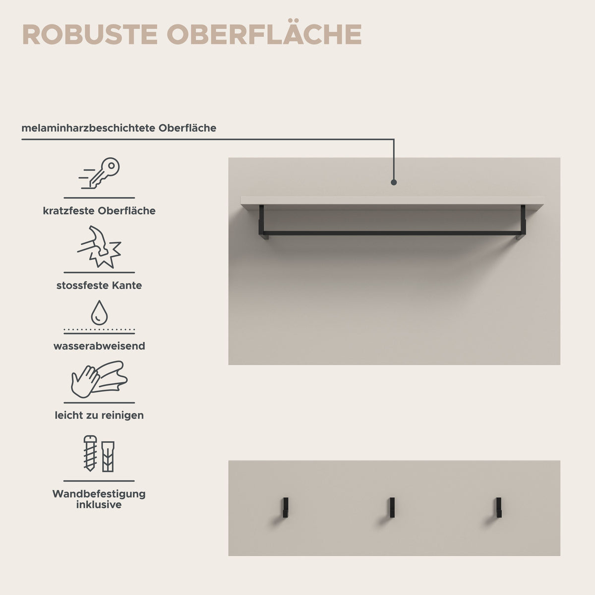 Garderobe mit Hutablage und drei Kleiderhaken, melaminharzbeschichtet
