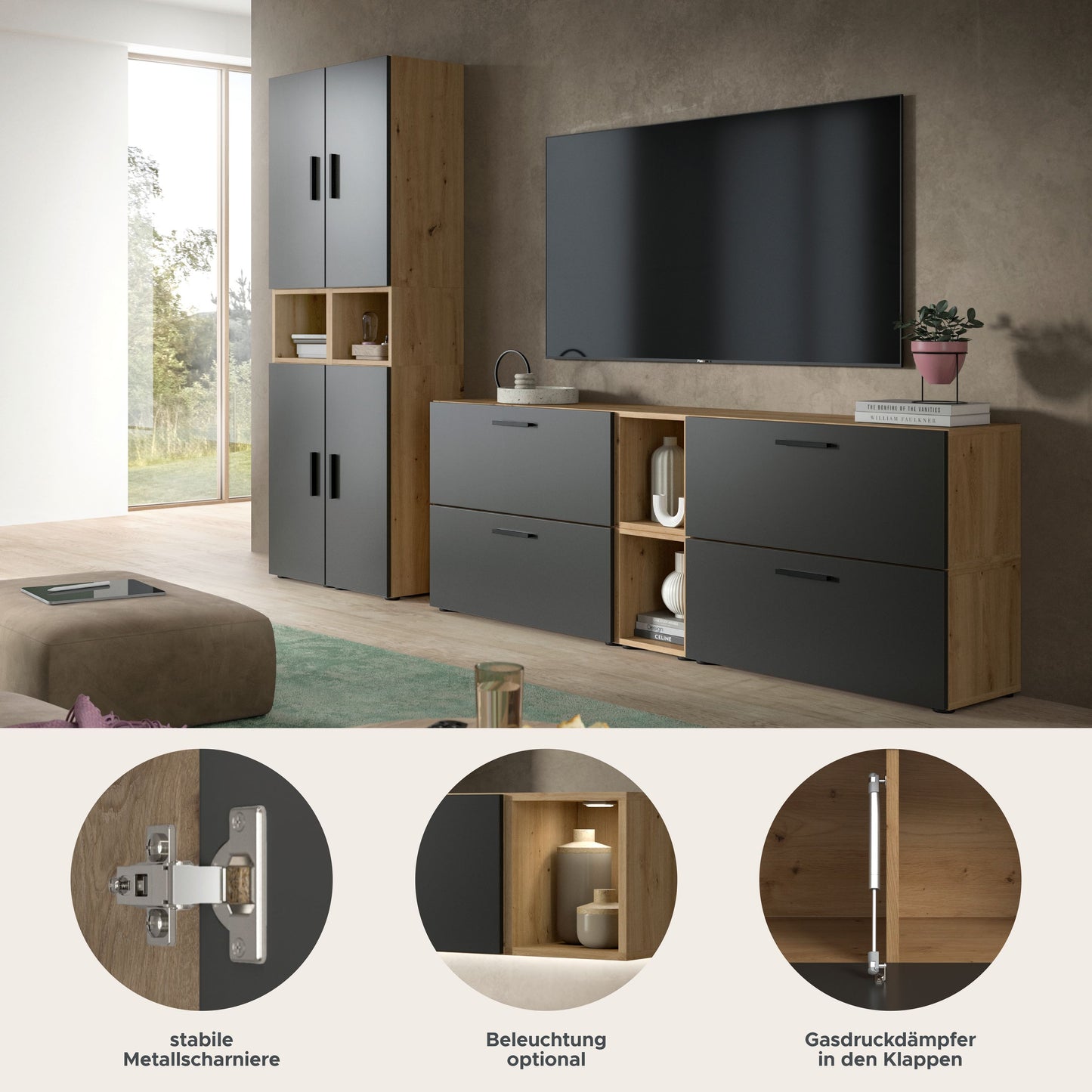 Homes & Jones Wohnwand 4-tlg. TV Möbel Modular Lowboard, Wohnzimmerschrank