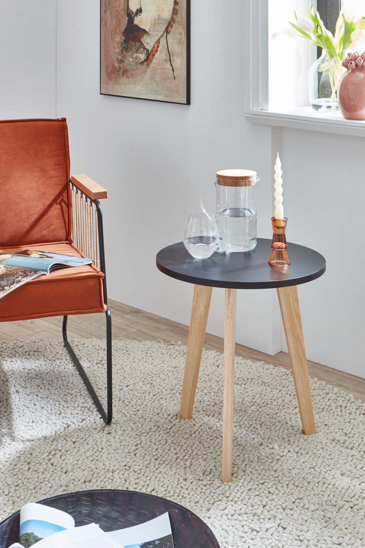 Side table Johann with black tabletop & solid wood legs