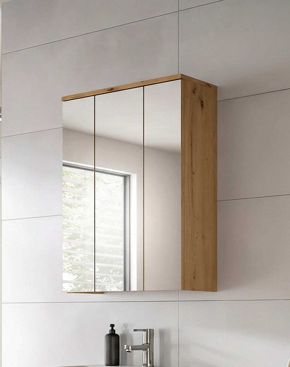 Badspiegelschrank mit 3 Spiegeltüren, Holzrahmen, Eckmontage an der Wand