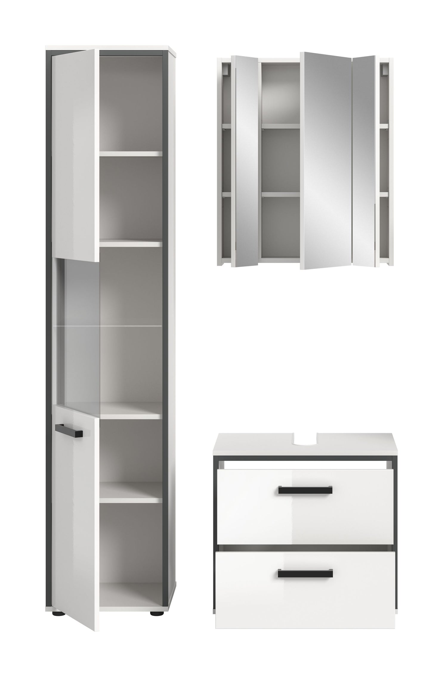 Schmales Badmöbelset: Hochschrank und Spiegelschrank offen, Regalfächer, Unterschrank mit 2 Schubladen