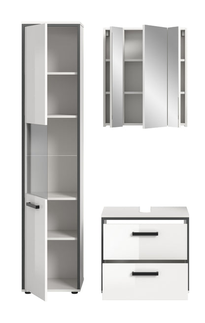 Schmales Badmöbelset: Hochschrank und Spiegelschrank offen, Regalfächer, Unterschrank mit 2 Schubladen
