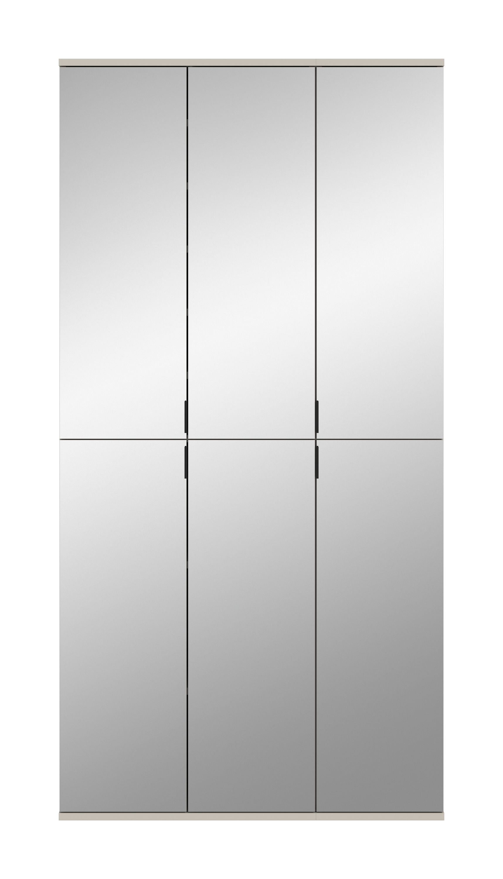 Spiegelschrank mit vier Spiegeltüren und mittigem Steg, schwarze Griffbeschläge