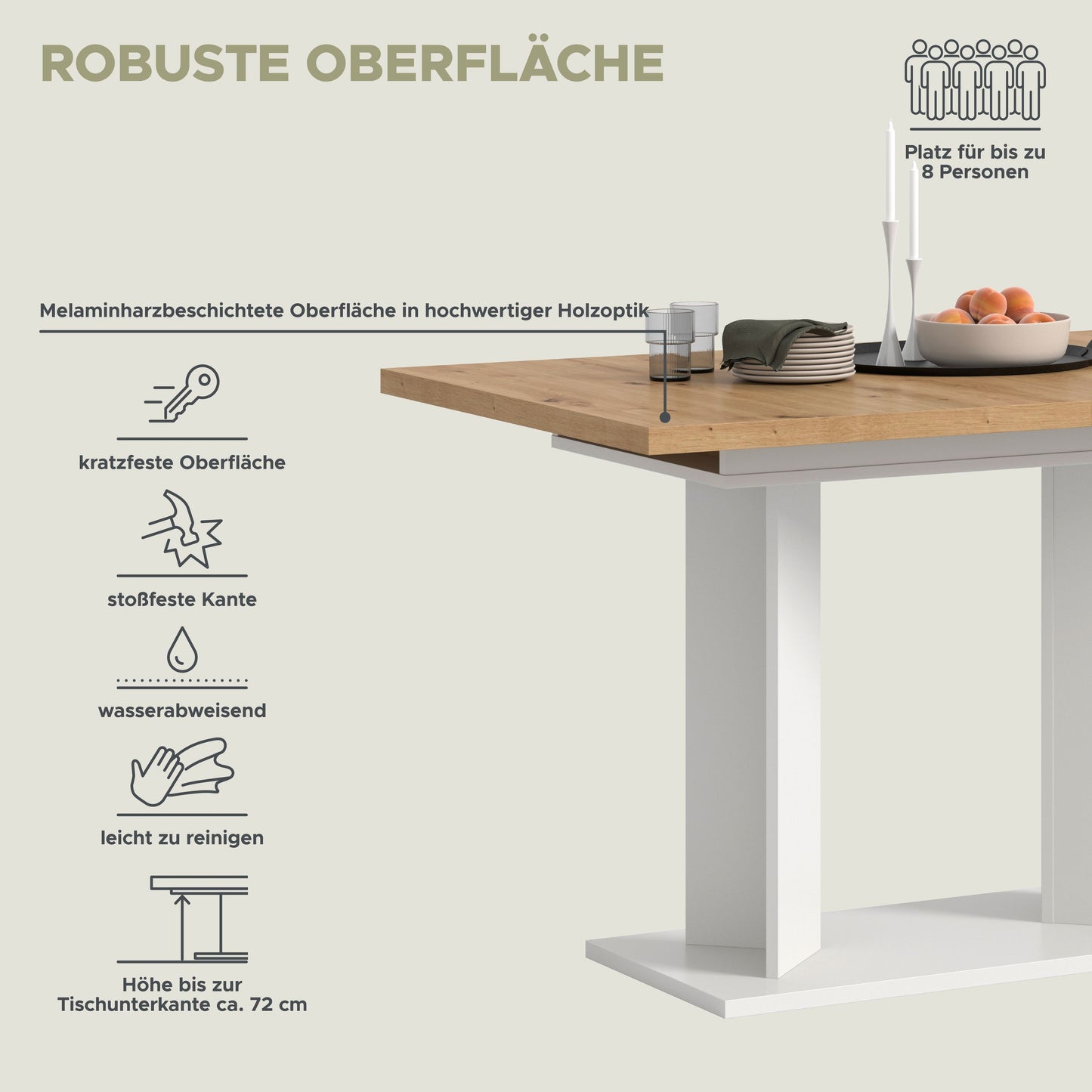 Table de salle à manger GUSTAV (L/H/P : env. 160/76/80 cm) en blanc/imitation chêne Artisan