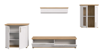 Wohnwandset: TV-Lowboard mit offenen Fächern und Schublade, weiß-natur, Landhausstil