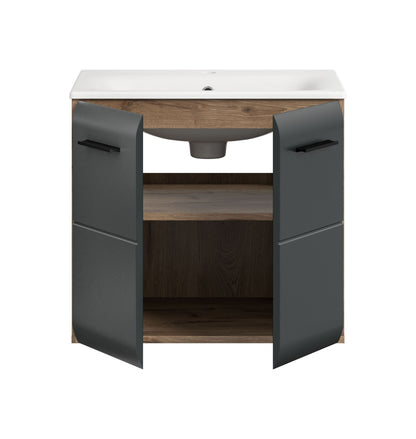 Meuble sous-vasque avec lavabo ICE (L/H/P : env. 60/55/46 cm) imitation chêne Nox/noir mat