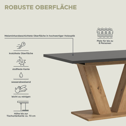 Esstisch mit X-Gestell, dunkle Tischplatte und hellem Holzgestell