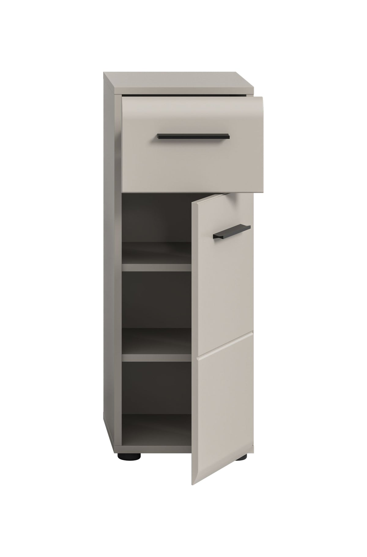 Schmaler Badezimmerschrank in Weiß mit offenem Fach und Schubladenfront
