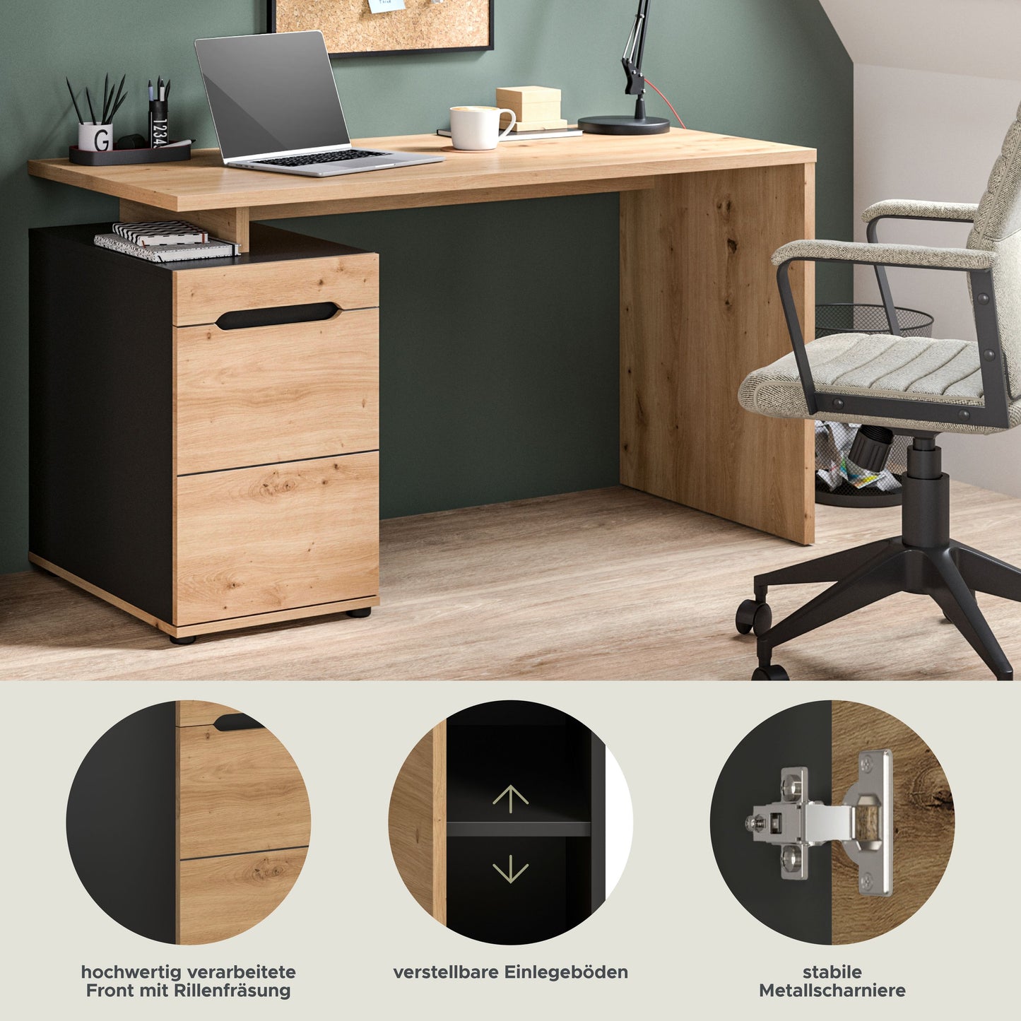 Schreibtisch in Holzoptik mit Details zu Bodenverstellern und Metallscharniere, nahansicht