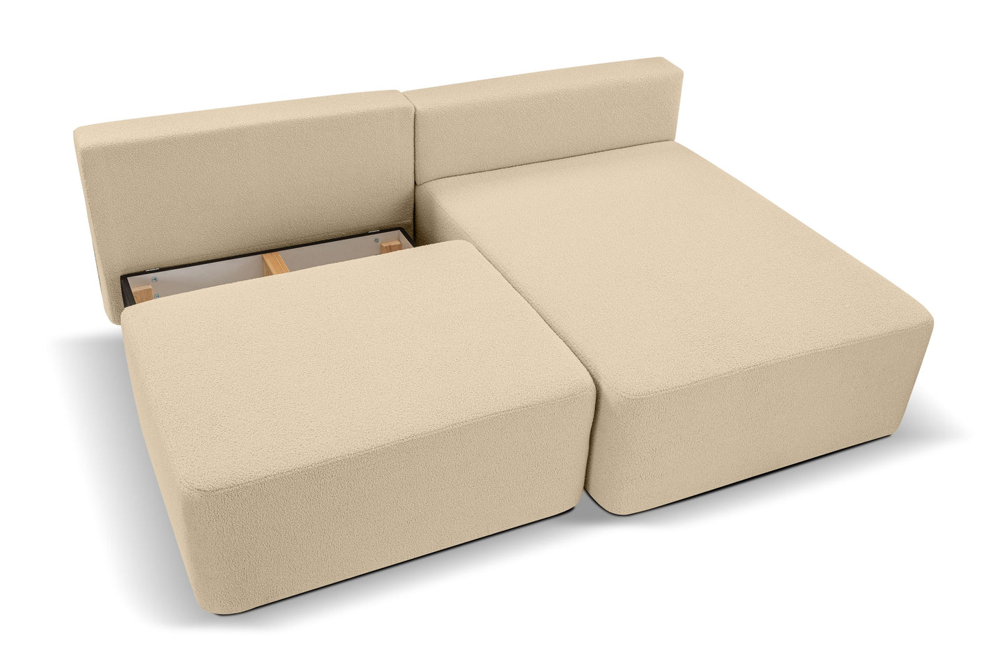 Beiges Schlafsofa mit Schlaffunktion, Liegefläche ausgeklappt