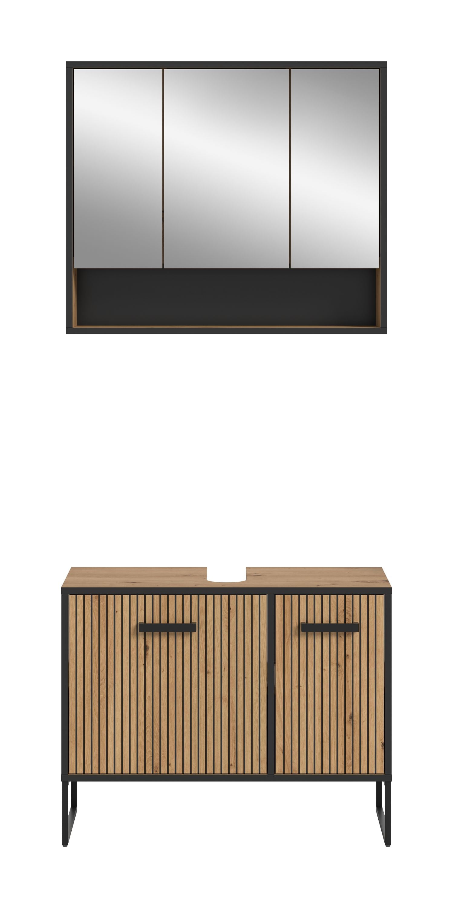 Badspiegelschrank und Unterschrank mit zwei Türen, Holzfront und Metallfüßen