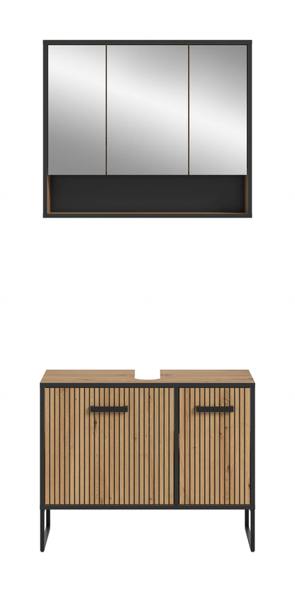 Badspiegelschrank und Unterschrank mit zwei Türen, Holzfront und Metallfüßen