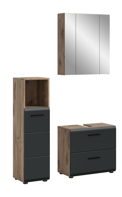 3-teiliges Badmöbel-Set mit Holzdekor und dunkelgrauer Front, Spiegel, Schrank, Kommode