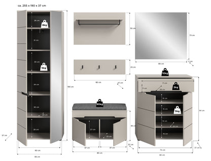 Garderobenschrank mit offenen Fächern und Innenablagen, dunkelgraues Korpusdesign