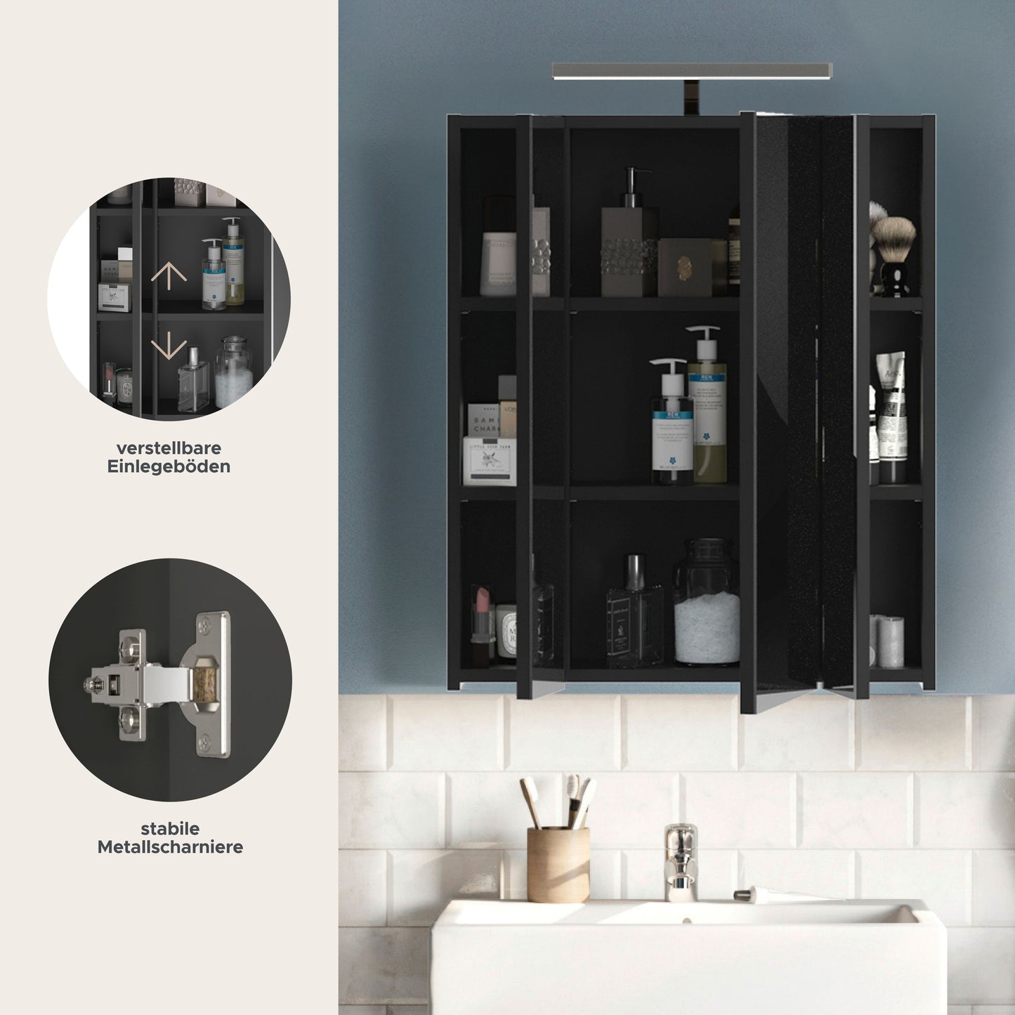 Armoire de toilette avec éclairage LINUS (L/H/P : env. 60/71/19 cm) en noir/verre miroir