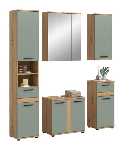 Badmöbel-Set mit zwei Hochschränken und Unterschrank, mintfarbene Fronten, Holzakzente.