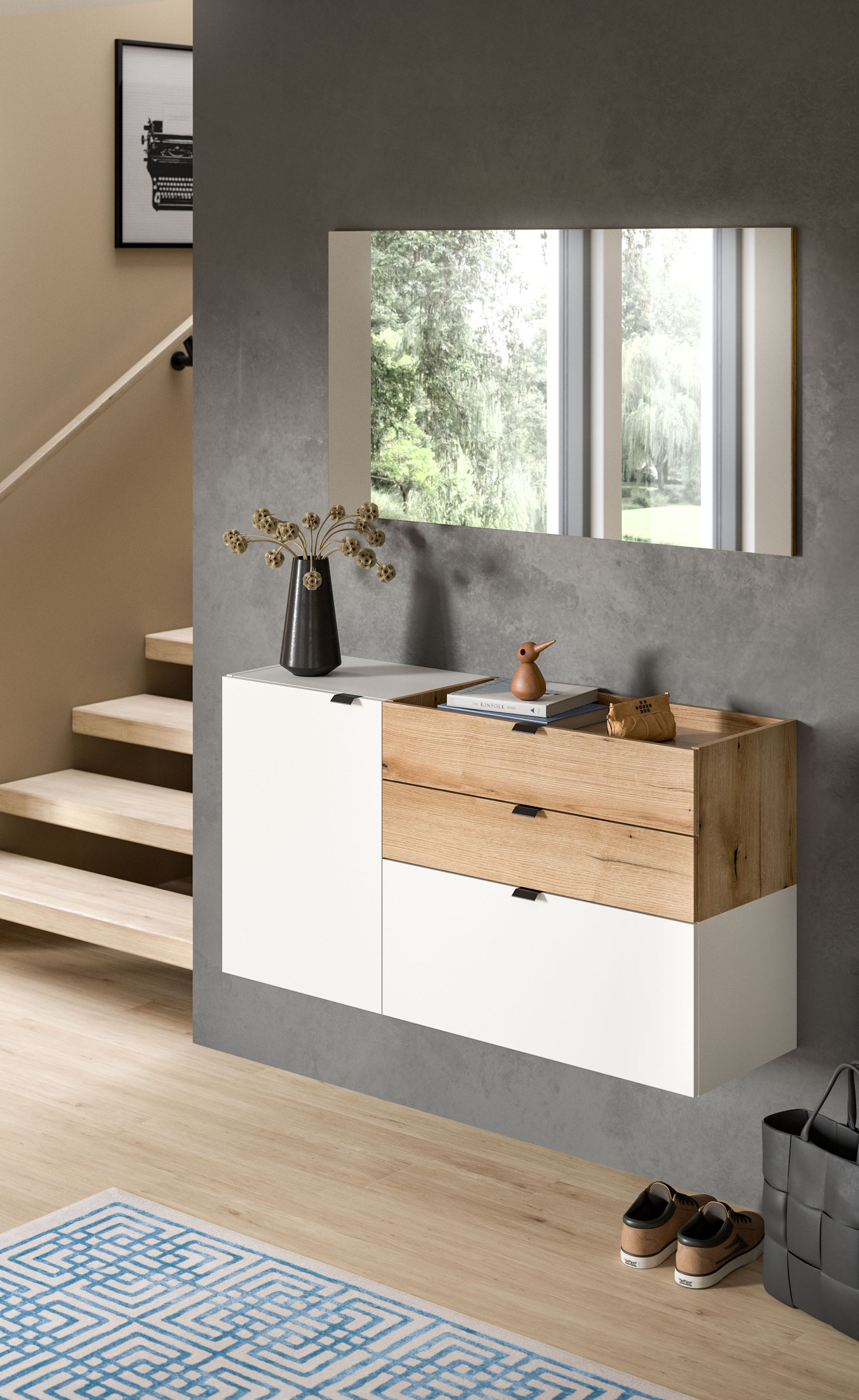 Garderobenset mit Spiegel, weißem Stauraum und Holzschubladen