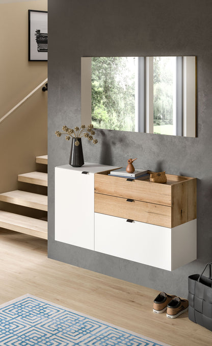 Garderobenset mit Spiegel, weißem Stauraum und Holzschubladen
