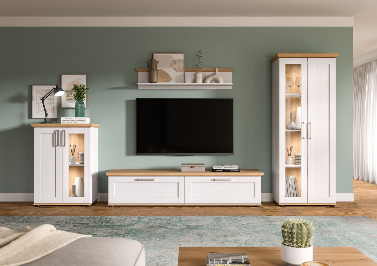 Wohnwandset: TV-Lowboard mit Schubladen, niedriger Seitenschrank und Hochschrank, weiß.