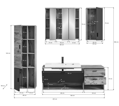 Badmöbelkomplettset Homes & Jones mit Maßskizze: Waschtisch, Schrank-Module und Abmessungen
