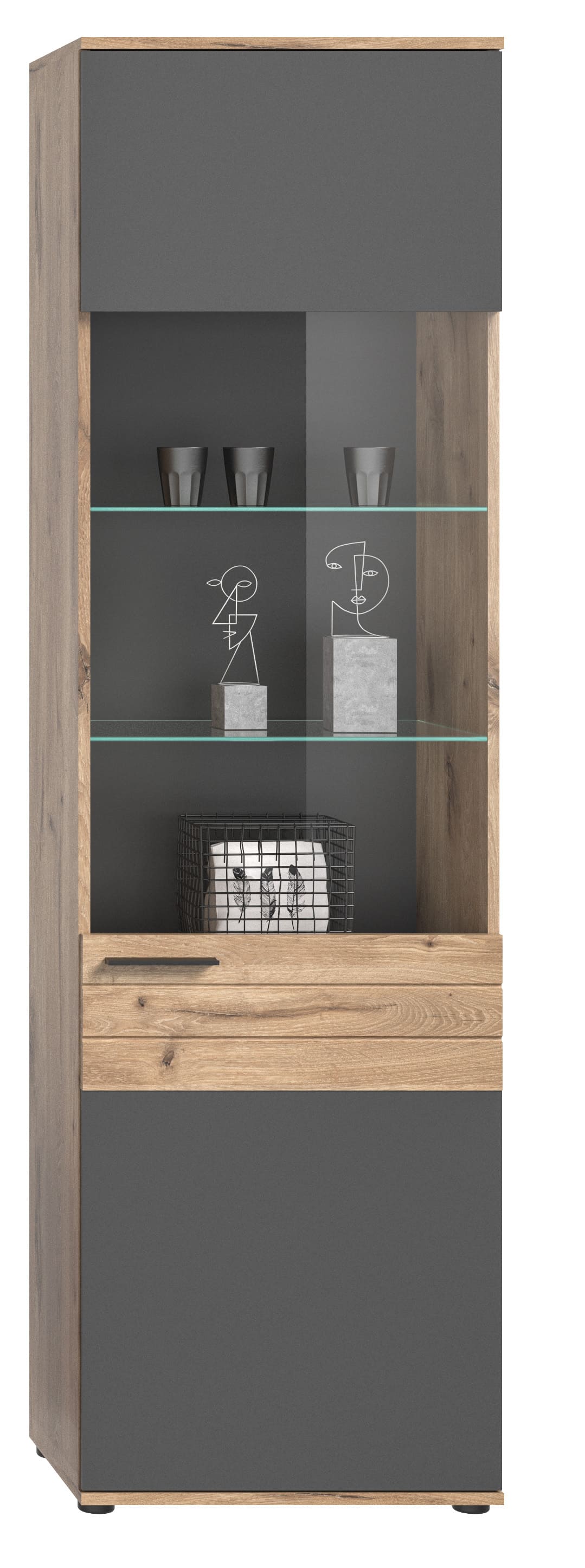 Hohe Vitrine mit Glasregalen und Tür, Holzoptik und Anthrazit