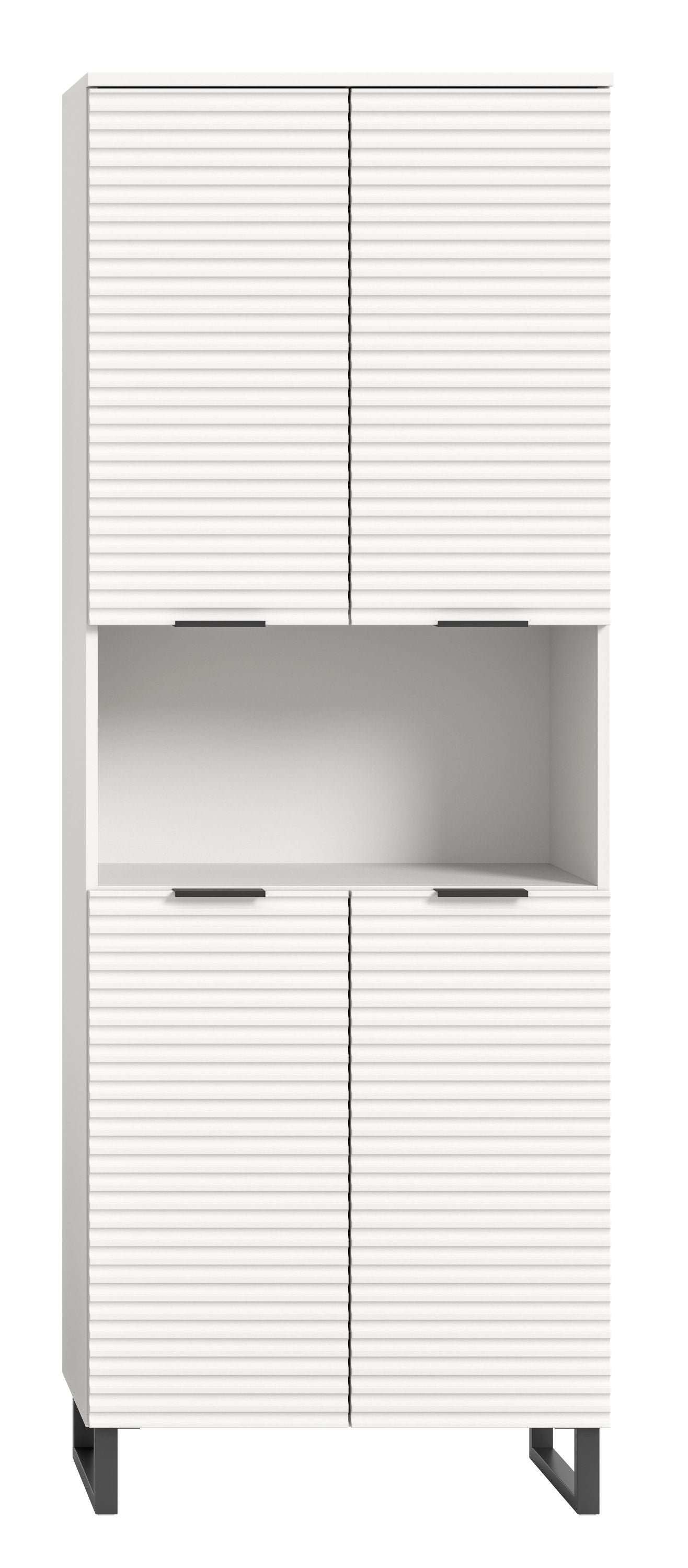 Weißer Badhochschrank mit Lamellentüren, offenen Mittel- und Bodenfächern, Griffen