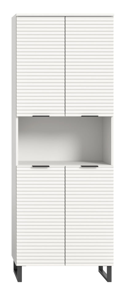 Weißer Badhochschrank mit Lamellentüren, offenen Mittel- und Bodenfächern, Griffen