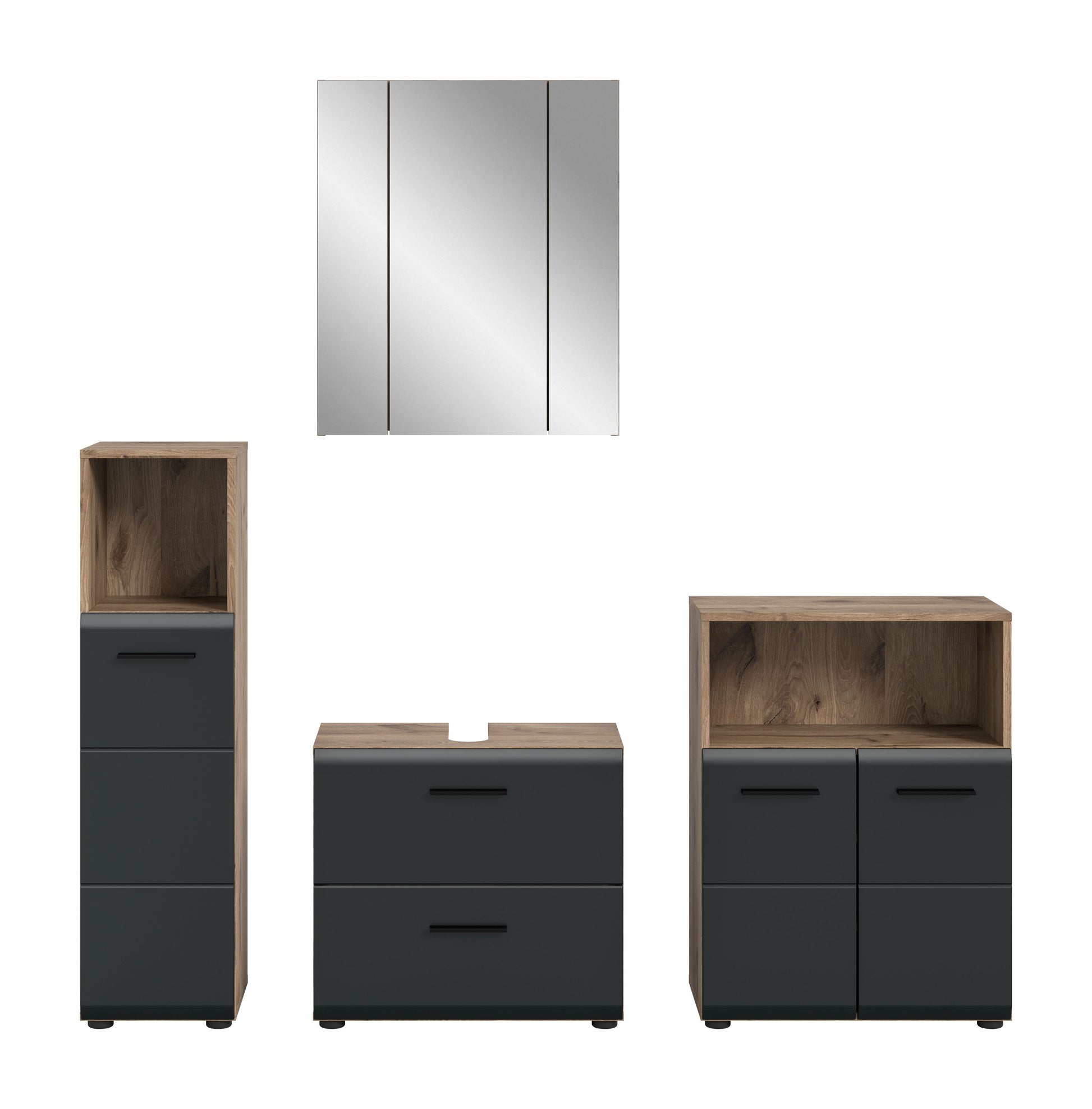 Badmöbel-Set 4-teilig mit Spiegelschrank, Hochschrank und Schränken in Holzoptik und Dunkelgrau