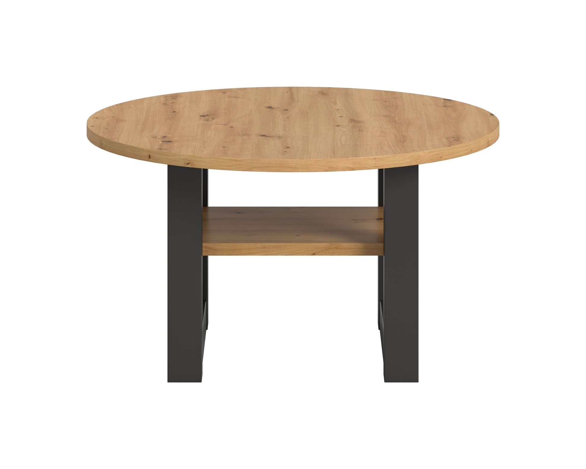 Runder Couchtisch aus Eiche Artisan mit Ablageboden, dunkle Beine