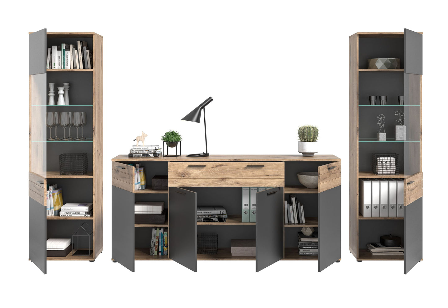 Wohnwand-Set mit geöffneten Fächern: Vitrinen-Glasregale und Anrichte mit Innenablage