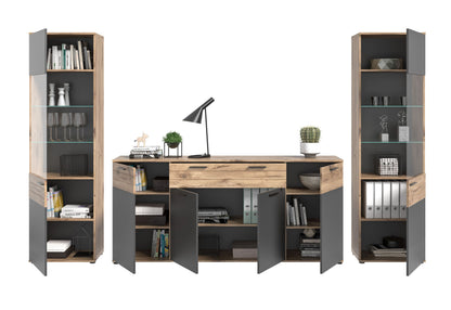 Wohnwand-Set mit geöffneten Fächern: Vitrinen-Glasregale und Anrichte mit Innenablage