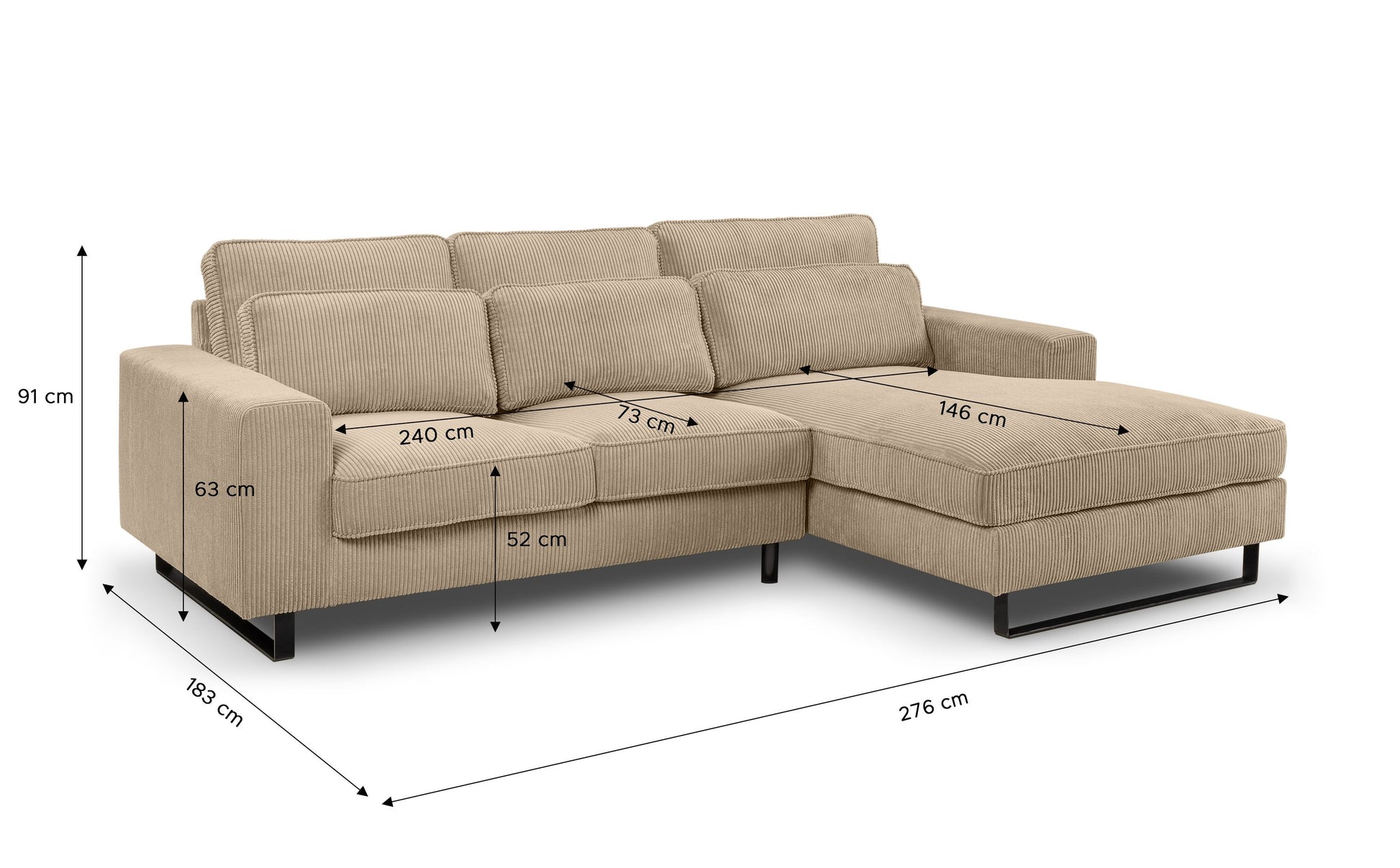 Beiges Ecksofa mit Recamiere, Seitenansicht mit Maßangaben und gepolsterten Kissen