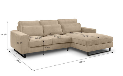 Beiges Ecksofa mit Recamiere, Seitenansicht mit Maßangaben und gepolsterten Kissen