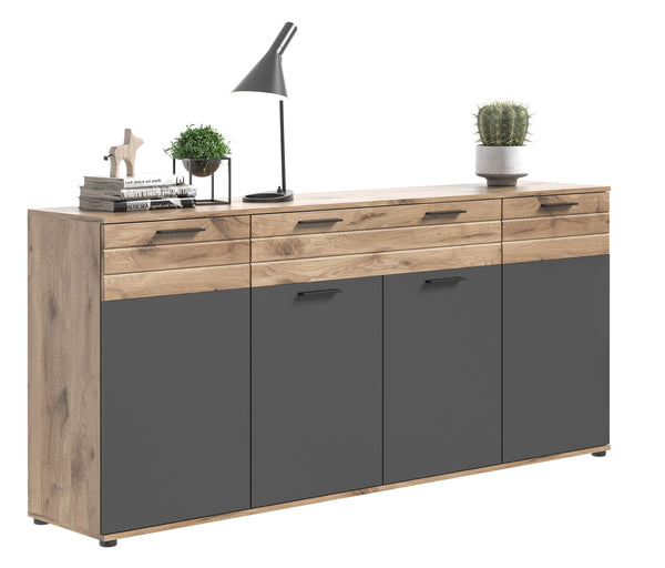Buffet MASON (L/H/P : env. 200/91/40 cm) en imitation Chêne Nox/gris Basalte