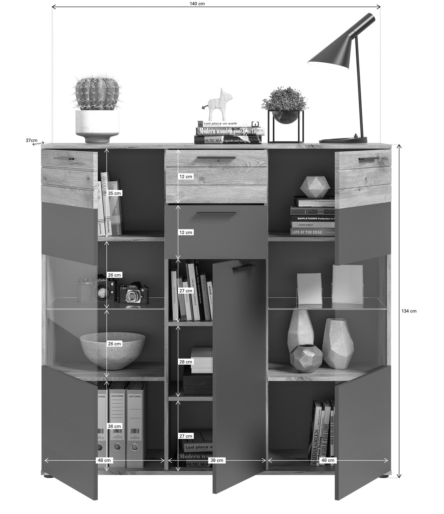 Highboard MASON (L/H/P : env. 140/134/37 cm) en imitation chêne Nox/gris basalte