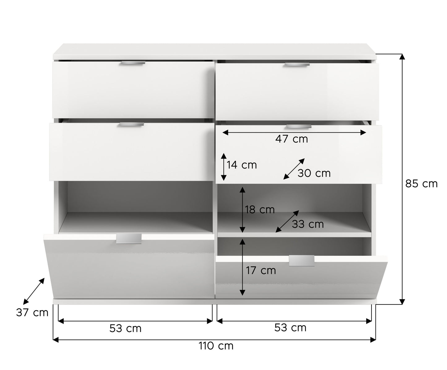 Commode PROJET X (L/H/P : env. 110/85/38 cm) en blanc/blanc brillant
