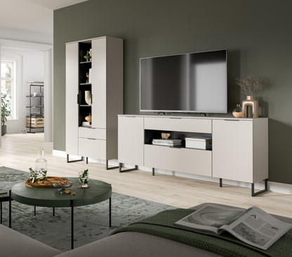 Wohnzimmerschrank-Set in Kaschmirfarben: hoher Schrank mit Fächern und Lowboard mit Schubladen